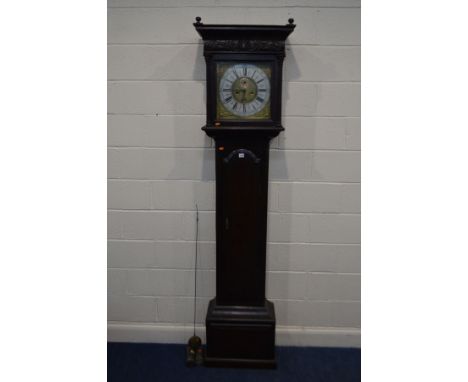 A GEORGE II MAHOGANY EIGHT DAY LONGCASE CLOCK, the hood with foliate carving 3/4 Corinthian columns to each corner, the glass