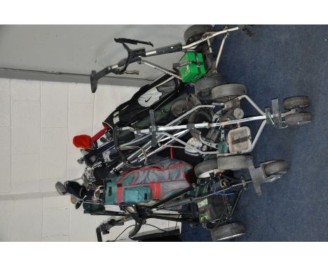 FIVE GOLF BAGS CONTAINING VARIOUS CLUBS to include three Taylormade 6, 8 and a putter, Callaway, Pinseeker, King Cobra, Wilso