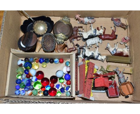 A QUANTITY OF ASSORTED TOYS AND METALWARE, to include Charbens Donkey carts, another donkey cart, Britains and other hollowca