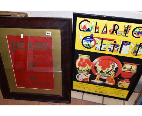 A MORROCAN LEATHER PEARS SOAP ADVERTISING PANEL, mounted, oak, framed and glazed, approximate size 40cm x 28cm, together with