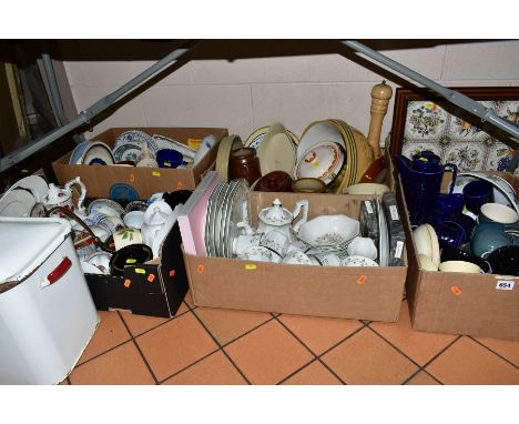 FIVE BOXES OF CERAMICS AND A WOODEN CUTLERY TRAY AND WHITE ENAMEL BREAD BIN, including a twin handled tray with inset tiles, 