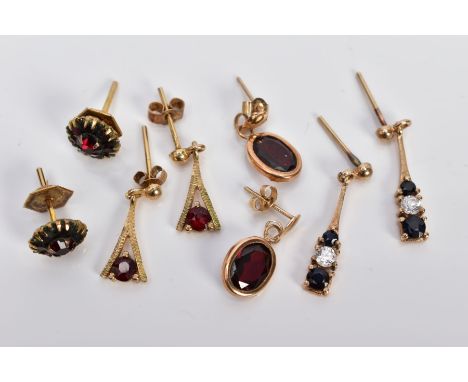 FOUR PAIRS OF GEM SET EARRINGS, the first a pair of 9ct gold cluster earrings set with circular cut red stones, with fittings