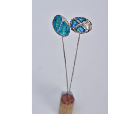 TWO SILVER ARTS AND CRAFTS ENAMEL HAT PINS, the first of circular form, with blue and green enamel heart design hallmarked Bi