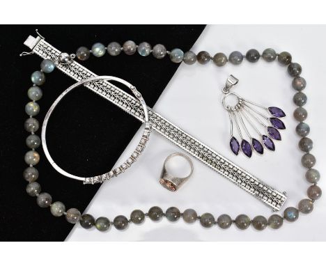A SELECTION OF JEWELLERY, to include a white metal multi drop pendant, set with seven marquise cut amethyst, plain polished b