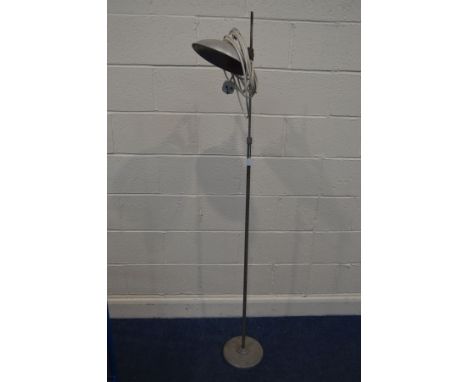 AN INDUSTRIAL TELESCOPIC STAND, with a galvanised light fitting, signed to the base, 'The G.E. Display Stand'