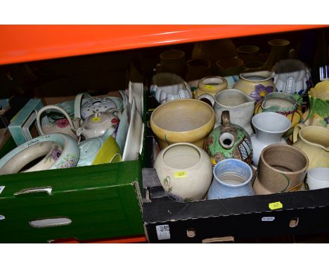 THREE BOXES OF RADFORD POTTERY VASES, JUGS, EWER, BASKETS, TEAPOTS, FLOWER RINGS, etc, mostly painted with flowers, some piec