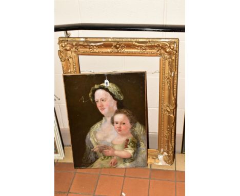 A GEORGIAN PORTRAIT OF A MOTHER AND DAUGHTER, unsigned, oil on canvas, approximate size 47cm x 62cm, canvas has losses and re