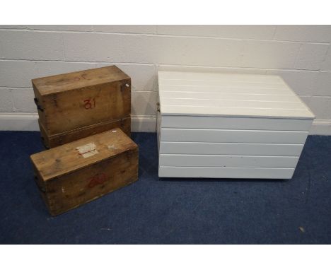 THREE VINTAGE PINE STORAGE CRATES, one crate with a hospital return label, each numbered to the front 29, 31 and 39, together