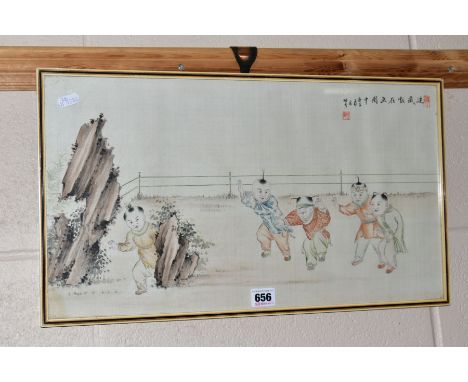 A CHINESE PAINTING ON SILK OF YOUNG CHILDREN PLAYING BLIND MAN'S BUFF, signed top right, framed, approximate size 29cm x 51cm