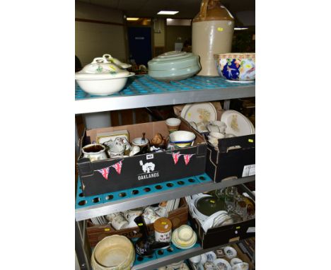 FOUR BOXES AND LOOSE CERAMICS AND GLASSWARE, including a stoneware flagon, Midwinter Crocus pattern plates, Spode 'Java' bowl