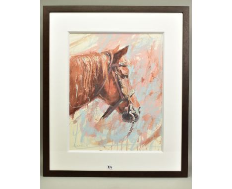 JAMES BARTHOLOMEW (BRITISH CONTEMPORARY) 'RANCH HORSE PROFILE' a portrait study of a horses head, signed bottom left, mixed m