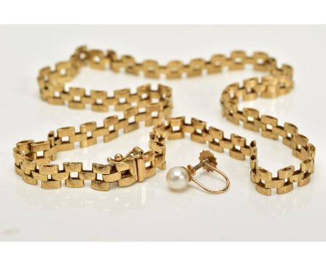 A 9CT GOLD CHAIN AND A SINGLE EARRING, the gate chain fitted to an integrated box clasp, 9ct gold Birmingham import mark with