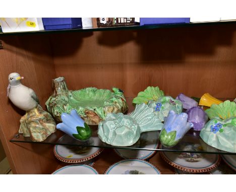 A GROUP OF RADFORD POTTERY, to include two Seagulls sitting on rocks, height 20.5cm, a pot pourri base shaped as pond with tr