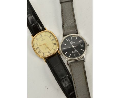 TWO OMEGA DE VILLE QUARTZ WRISTWATCHES, the first with a cushion case, discoloured and worn cream dial, dial signed 'Omega De