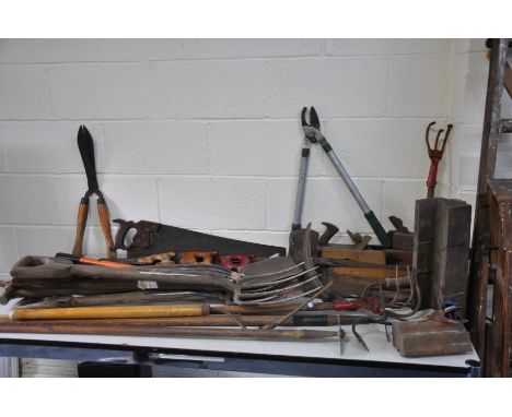 A SELECTION OF GARDENING AND WOODWORKING TOOLS, including wooden smoothing and moulding planes, a Record 102 block pane, vari