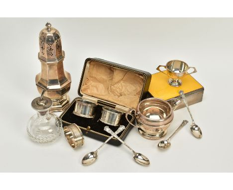 A SELECTION OF SILVERWARE, to include a silver lined, engine turn design wooden box with yellow guilloche enamel lid, London 