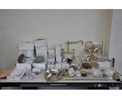 TWO BOXES OF CHROME AND GOLD PLATED BATHROOM FITTINGS, including 8'' and 6'' showerheads, bathtaps, basin taps, tap inserts, 