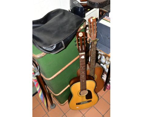 A VINTAGE TRAVELLING TRUNK, WOODEN AND LEATHER BELLOWS, BOX OF RECORDS, A SHOOTING STICK, etc, to include two acoustic guitar