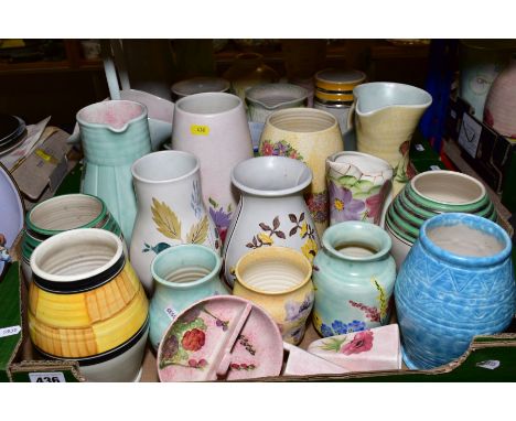 TWO BOXES OF RADFORD POTTERY VASES, WALL POCKETS, EWERS AND BASKETS, various design including floral, relief moulded, concent