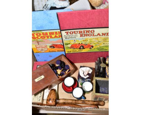 A BOX OF GAMES, PLAYING CARDS, SUNDRIES ETC, to include 'Touring England' board game, boxed chessmen, two wooden tools, etc