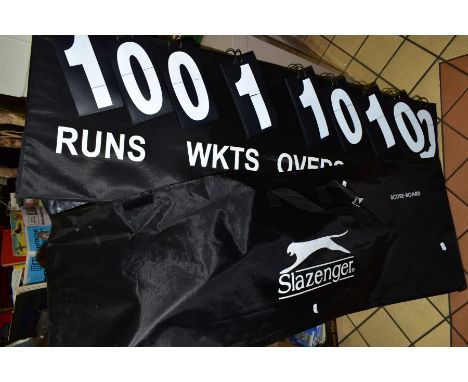 A SLAZENGER PORTABLE MANUAL CRICKET SCOREBOARD, complete and in good condition, size approximately 124cm long x 42cm high, in