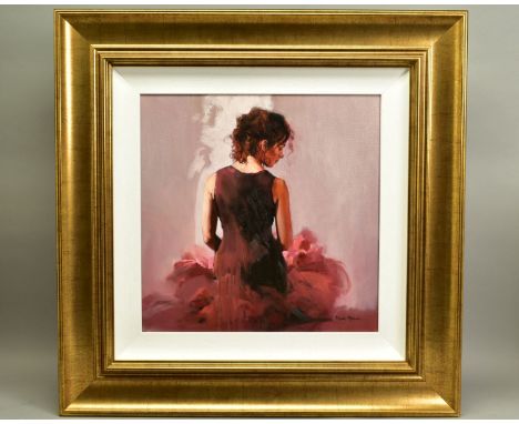 MARK SPAIN (BRITISH CONTEMPORARY) 'FEELING PINK' a half length portrait of a female figure, signed bottom right, oil on canva