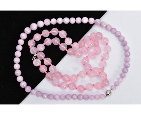 ROSE QUARTZ AND LAVENDER JADE BEAD NECKLACES, the first designed with rose quartz circular beads, each bead approximately 11.