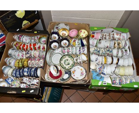 THREE BOXES OF TEA CUPS, some having saucers, including Minton, Masons, Royal Doulton, Royal Cauldon, Colclough, Aysnley, Roy
