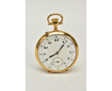 AN OPEN FACED POCKET WATCH, white dial, Arabic numerals, seconds subsidiary dial at the six o'clock position, blue hands, wit