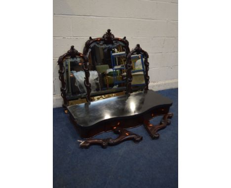 A DISTRESSED VICTORIAN MAHOGANY WALL MOUNTED CONSOLE TABLE, the triple mirror back with foliate vine frame, slate top (possib