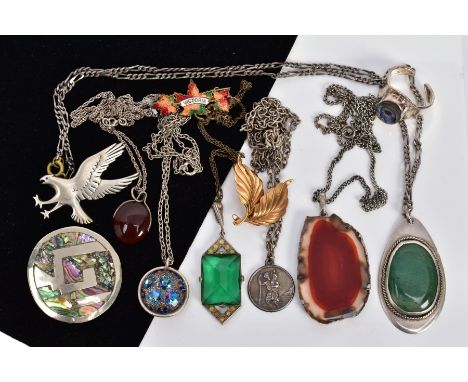 A SELECTION OF JEWELLERY, to include five white metal pendants necklaces, such as an agate slice pendant, suspended from a wh