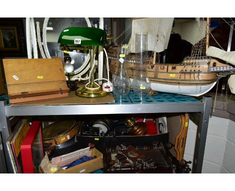 A BOX AND A QUANTITY OF LOOSE METALWARES, TABLE LAMPS, OIL LAMP, MODEL GALLEON ETC, including a brown boxed Pelham Puppet Typ