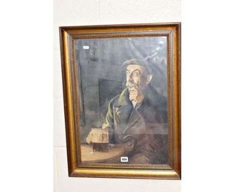A PORTRAIT OF A WORKING MAN IN A PUB, smoking a pipe, pint glass in hand, unsigned watercolour, circa mid 20th Century, frame
