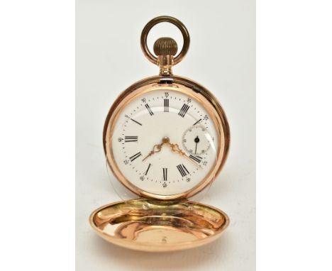 A SWISS 14CT GOLD FULL HUNTER POCKET WATCH, white dial, Roman numerals, seconds subsidiary dial at the three o'clock position
