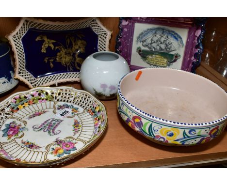 A DRESDEN PIERCED EDGE LOW BOWL, diameter 23.5cm, together with a similar pierced edge rectangular dish, gilt floral pattern 