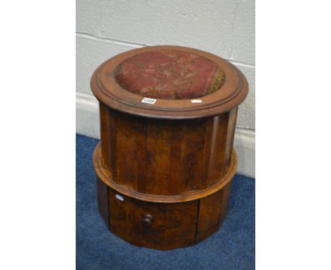 A VICTORIAN BURR WALNUT CYLINDRICAL COMMODE, diameter 43cm x height 46cm