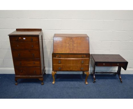 A TALL EARLY TO MID 20TH CENTURY MAHOGANY CHEST OF FIVE DRAWERS on ball and claw feet, width 57cm x depth 44cm x height 110cm