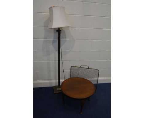 A MODERN BRASS CORINTHIUM COLUMN STANDARD LAMP, with a fabric shade, together with a circular mahogany occasional table and a