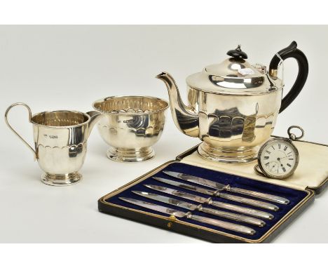 A SILVER OPENFACED POCKET WATCH, TEAPOT, SUGAR BOWL, MILK JUG AND CASED KNIVES, the pocket watch with a white roman numeral d