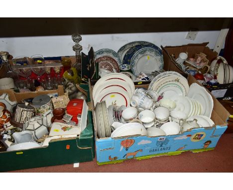 FIVE BOXES AND LOOSE CERAMICS AND GLASSWARE, including a Studio pottery scene of a cinema named 'Electric Palace', assorted t