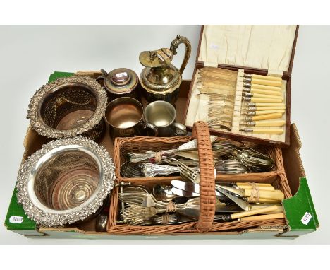 A SELECTION OF METALWARE, to include an EP water pitcher, a white metal lidded beer jug, engraved 'J.J.S December 1967' a whi