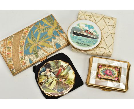 FOUR COMPACTS, to include a 'Stratton' with an enamel picture of the R.M.S. Queen Mary, together with a box, a wavy edge 'Str