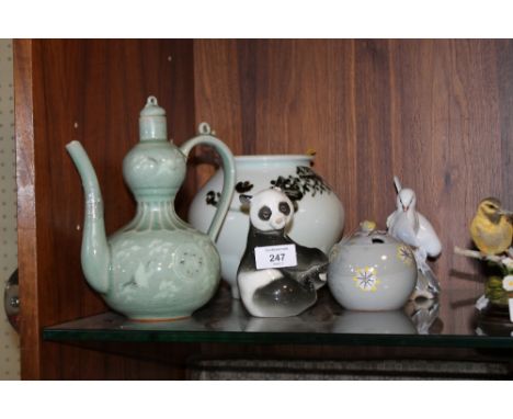 A RUSSIAN CERAMIC PANDA FIGURE, ORIENTAL TEAPOT AND VASE ETC. (5)