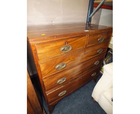 A 19TH CENTURY MAHOGANY CHEST OF TWO SHORT OVER THREE LONGER GRADUATED DRAWERS, RAISED ON SWEPT BRACKET FEET, W 83 CM