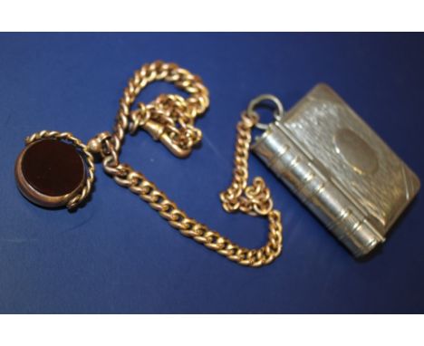 A 9CT ROSE GOLD ALBERT CHAIN WITH SWIVEL FOB AND ATTACHED WHITE METAL SNUFF BOX 