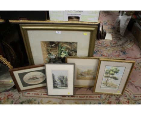 FOUR WATERCOLOURS TO INCLUDE COUNTRY SCENES TOGETHER WITH A GILT FRAMED LITHOGRAPH BY M  & N HANHART DEPICTING A BIRDS NEST &