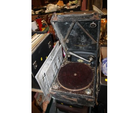 A VINTAGE COLUMBIA GRAMOPHONE A/F TOGETHER WITH TWO GALVANIZED WALL PLAQUES