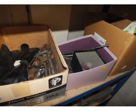 THREE BOXES OF TOOLS TO INCLUDE SPANNERS, DRILL BITS SAWS ETC