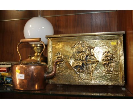 A BRASS COATED LOG BOX, COPPER KETTLE AND AN OIL LAMP (3)