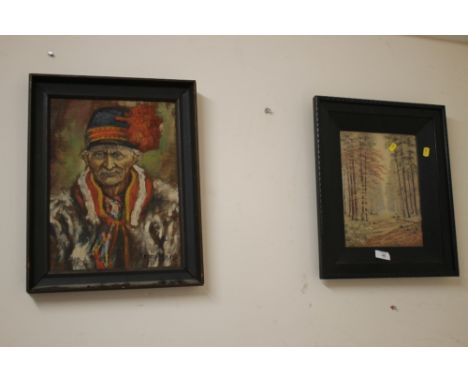 A FRAMED PORTRAIT OIL ON BOARD TOGETHER WITH A FRAMED AND GLAZED SILK WORK (2) 